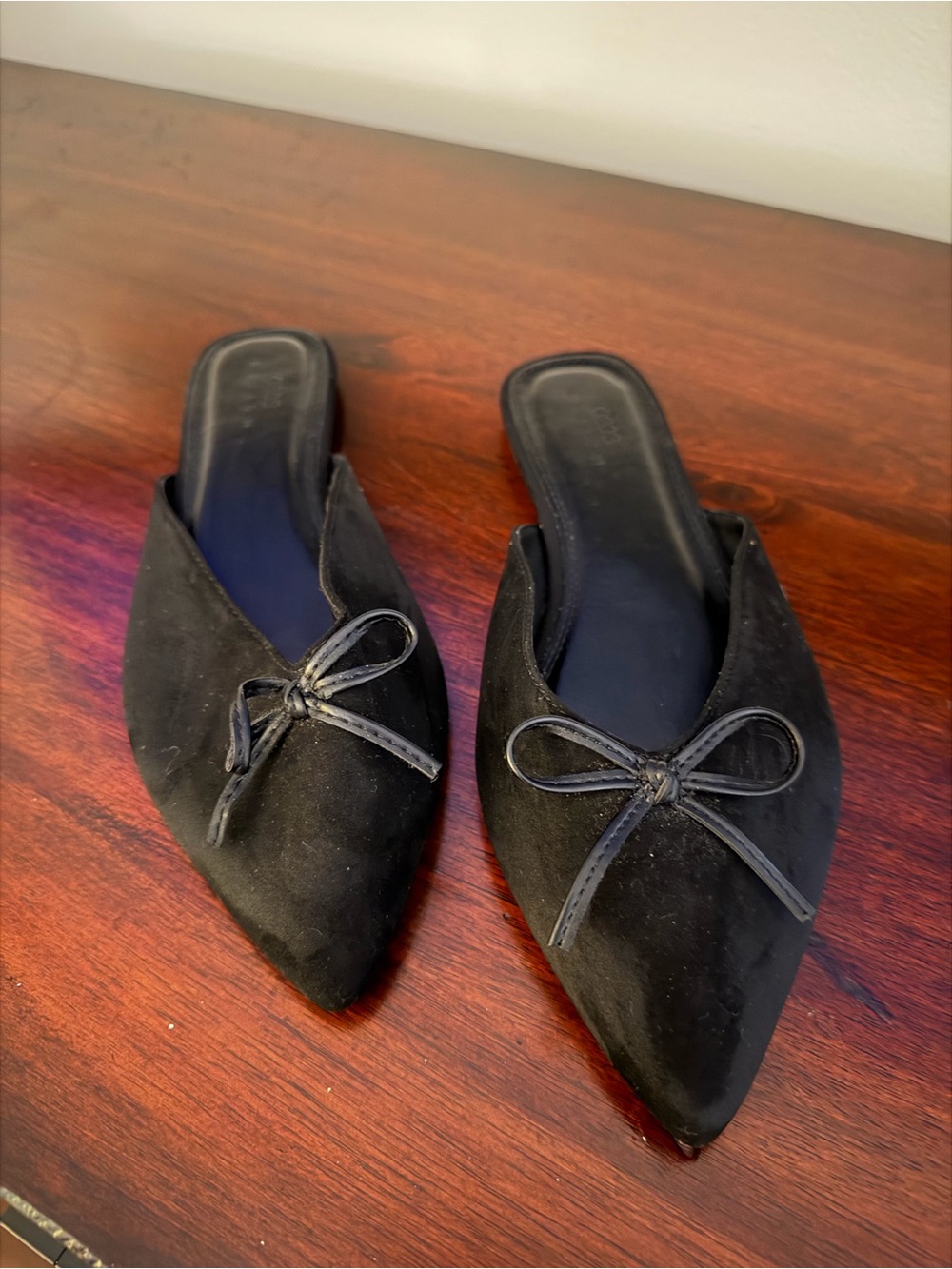 Black Pointed Toe Bow Mules - Women